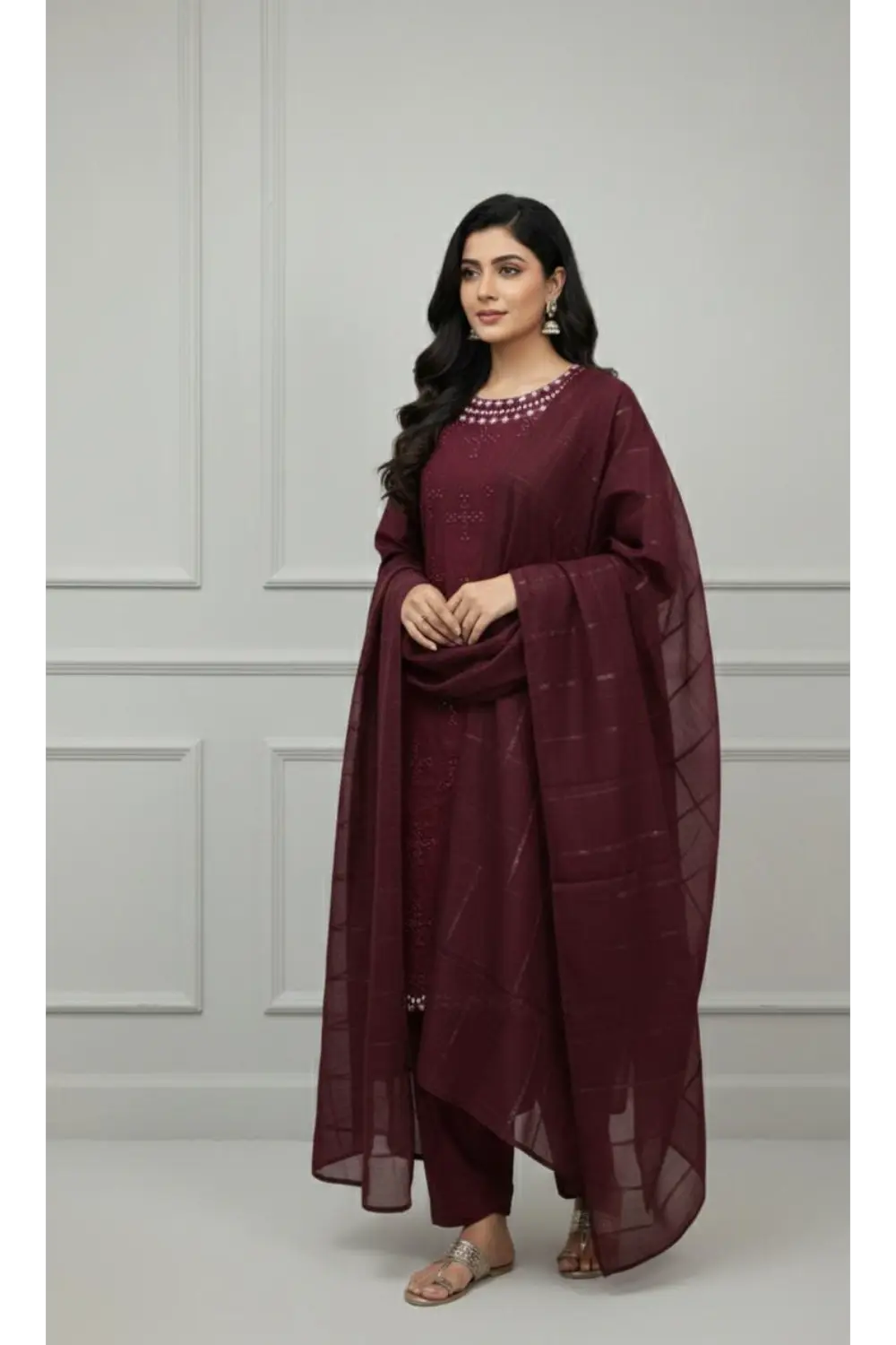 MAHROON 3PCS Embroidered suit
