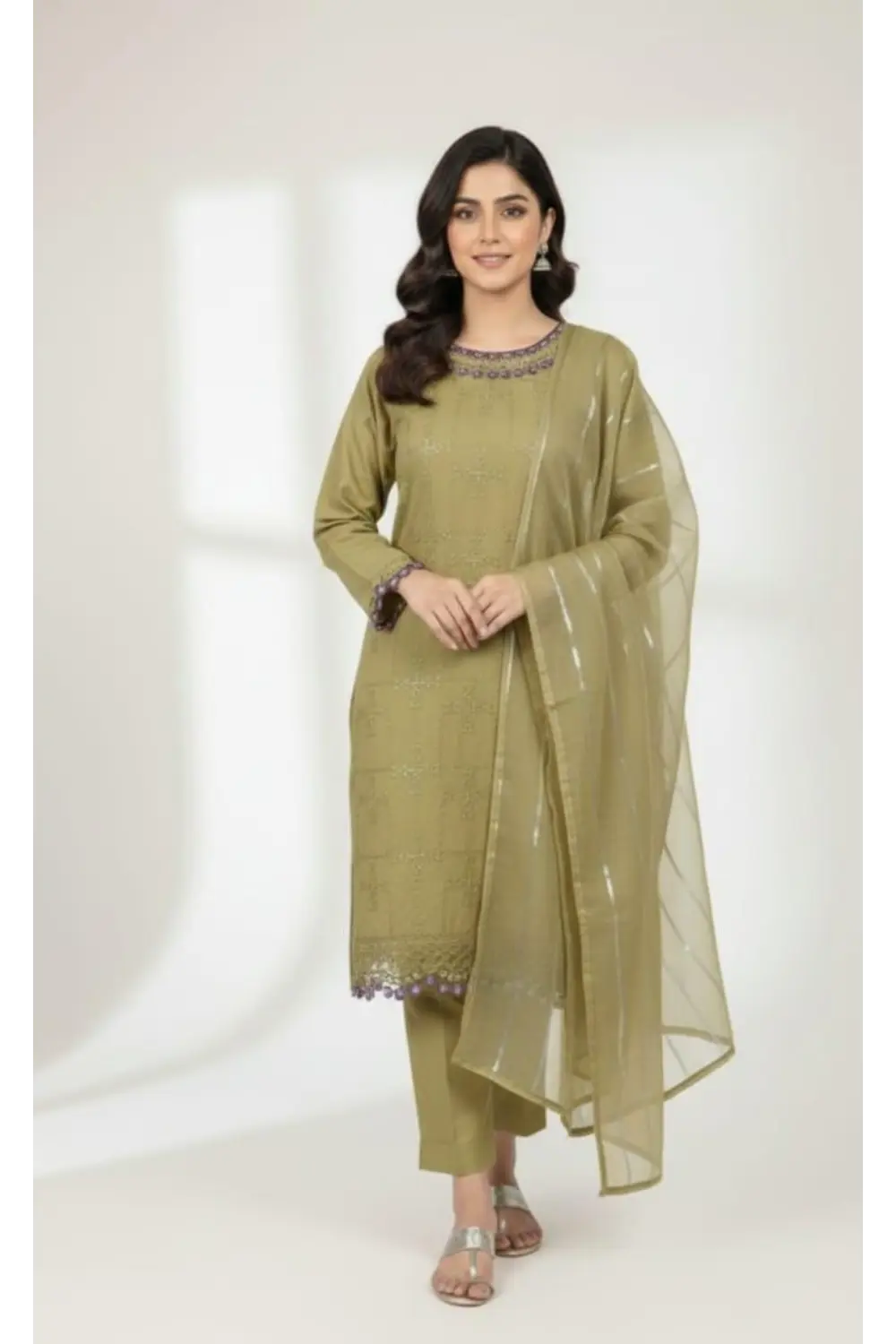 olive green3PCS Embroidered suit