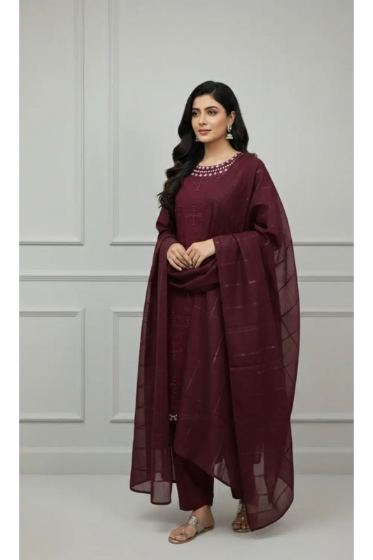 MAHROON 3PCS Embroidered suit